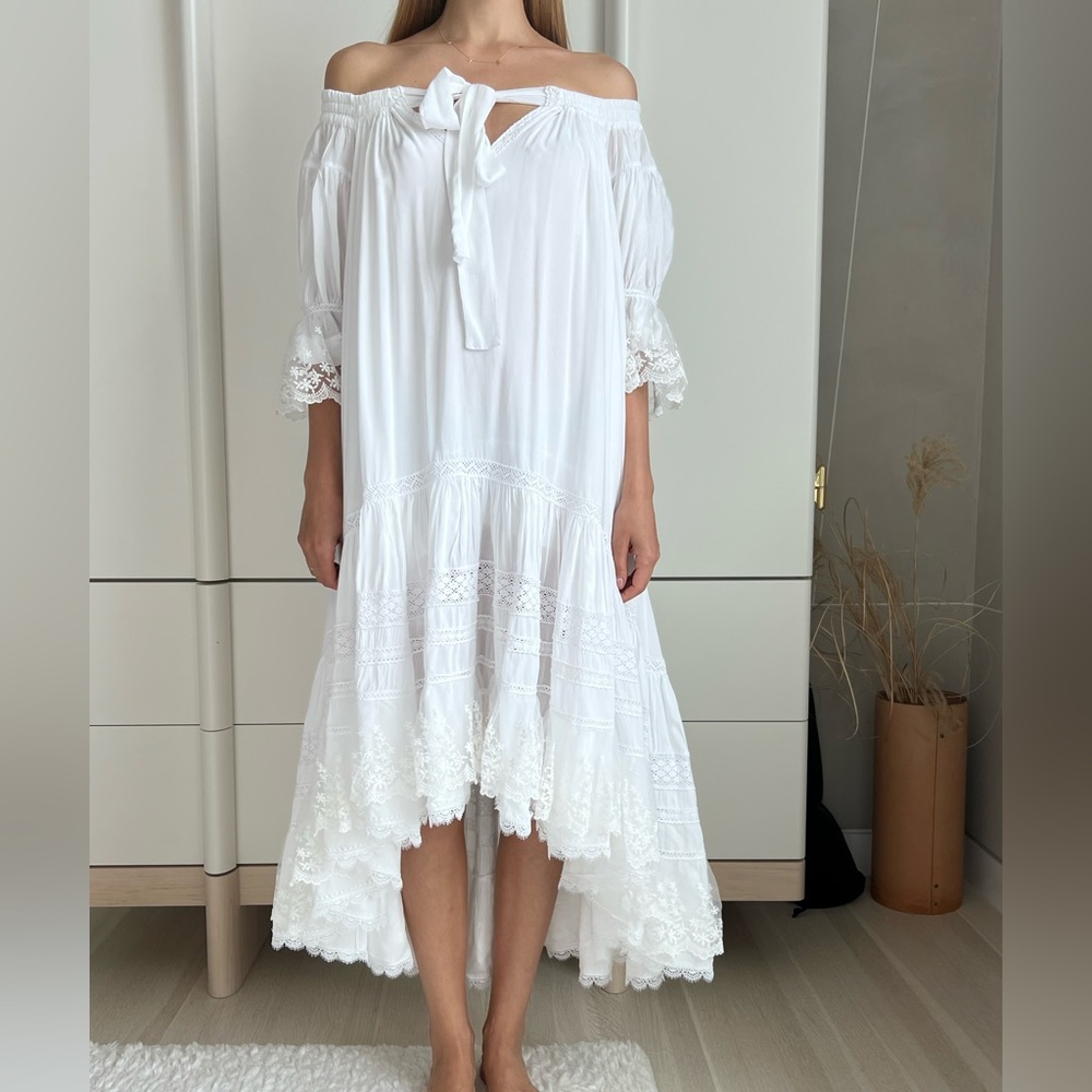 White Midi Boho Style Dress with lace. Handmade. S-M Size - Picture 3 of 14